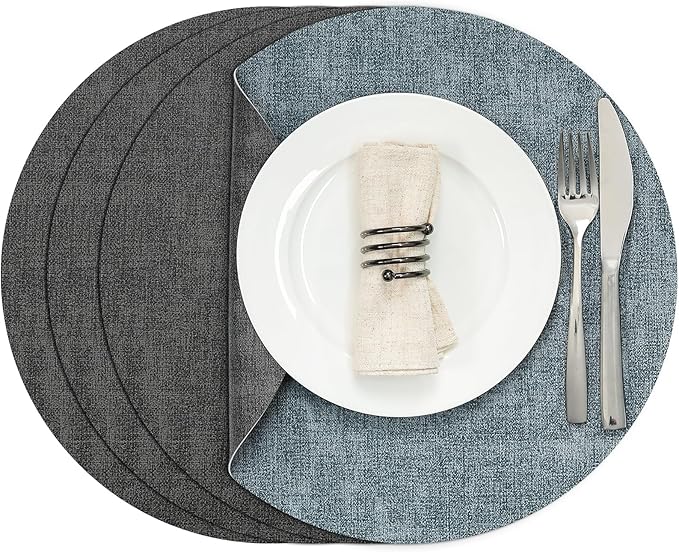 Myir JUN Round Placemats, Dual Sided Faux Leather Place Mats Set of 4 Indoor/Outdoor Non-Slip Washable Table Mats (Gray Light Blue, Set of 4)