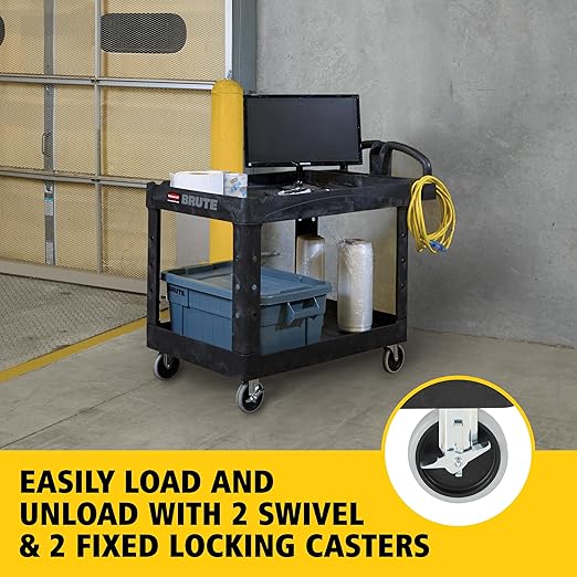 Rubbermaid Commercial Products BRUTE Heavy Duty 2-Shelf Utility/Service Cart, Medium, Lipped Shelves, Ergonomic Handle, 750 lb Capacity, Black, for Warehouse/Garage/Cleaning/Office