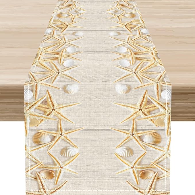 Summer Table Runner, Rustic Wood Plank Beach Starfish Seashells Coastal Nautical Tropical Ocean Farmhouse Table Center Decor for Home Kitchen Dining Patio Indoor Outdoor Decorations, 13"x108" Inch