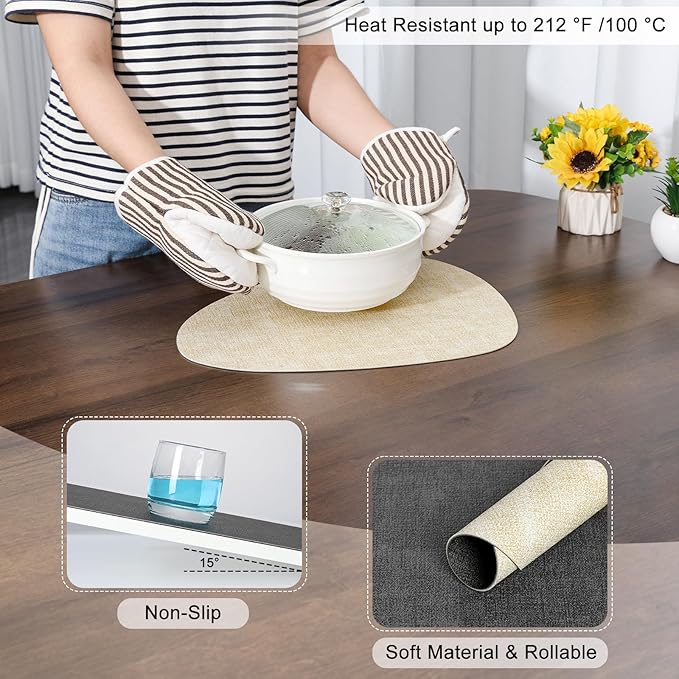 Placemats and Coasters, Washable Reversible Placemats Round Faux Leather Wipeable Place Mats Non Slip Heat Resistant Indoor Outdoor Table Mats (Set of 4, Gray Cream)