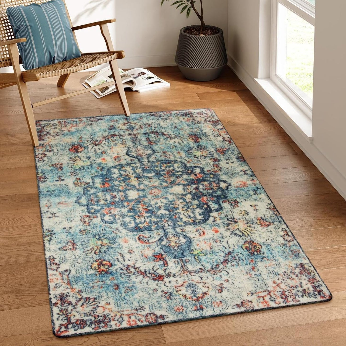 Lahome Bohemian Floral Medallion Area Rug - 3x5 Vintage Teal Distressed Entry Throw Rug Turkish Faux Wool Accent Rug Non-Slip Washable Low-Pile Carpet for Bathroom Entrance Living Bedroom