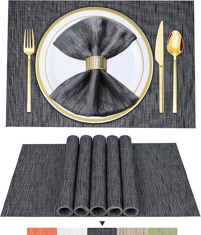 BETEAM Placemats Set of 6, Woven Vinyl Placemat for Dining Table Washable Wipeable Kitchen Place Mats Durable Indoor Outdoor Table Mats