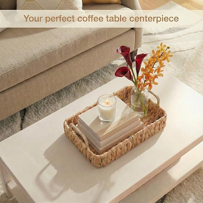 Set of 2 Rectangular Wicker Trays with Handles - Decorative Trays for Coffee Table, Ottoman, Dining Room, Living Room (Natural)