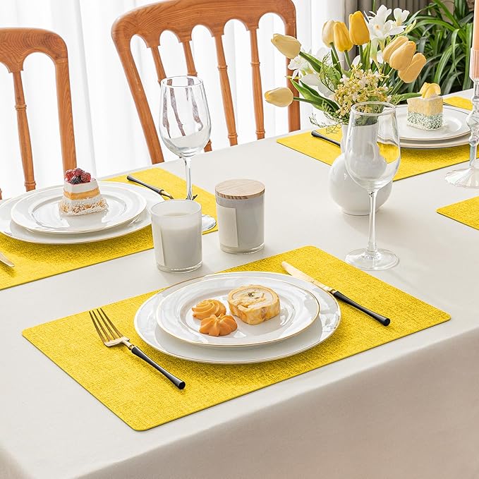 Romanstile Vinyl Placemats Set of 4-12 X 17 Inch - Heat Resistant Place Mats 100% Waterproof Oilproof Wipeable Reversible Faux Leather Table Mats for Kitchen, Dining, Party, Outdoor, Yellow
