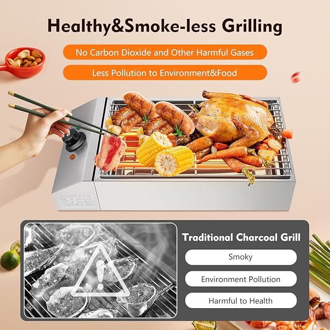 1800W Electric BBQ Grill & Countertop Electric Grill, Smokeless Indoor Outdoor Grill with Stainless Steel Grate & Adjustable Temp, Portable Commercial Grill for Home Kitchen Camping Party Use