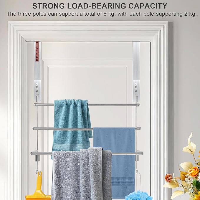 Over The Door Towel Rack, 304 Stainless Steel Towel Racks for Bathroom with 3-Tier Adjustable Pole, 2 Punch-Free Screw Stickers, 22.83 * 17.71-29.52 * 6.14 Inch, Silver
