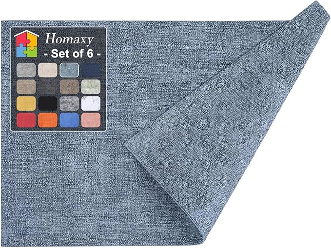 Homaxy Faux Leather Heat Resistant Placemats for Dining Table Set of 6, Waterproof Wipeable Washable PU Table Mats, Easy to Clean Anti-Slip Place Mats, 11.8" x 17", Blue