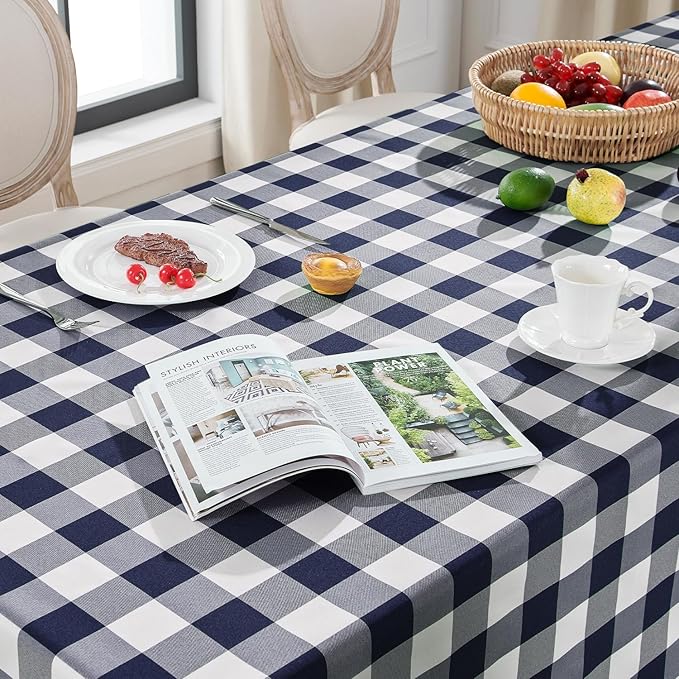 Softalker Gingham Checkered Tablecloth Rectangle - Outdoor Waterproof Buffalo Plaid Table Cloth, Stain Resistant Washable Table Cover for Picnic, Camping, Dining - Navy Blue and White, 60 x 102 Inch