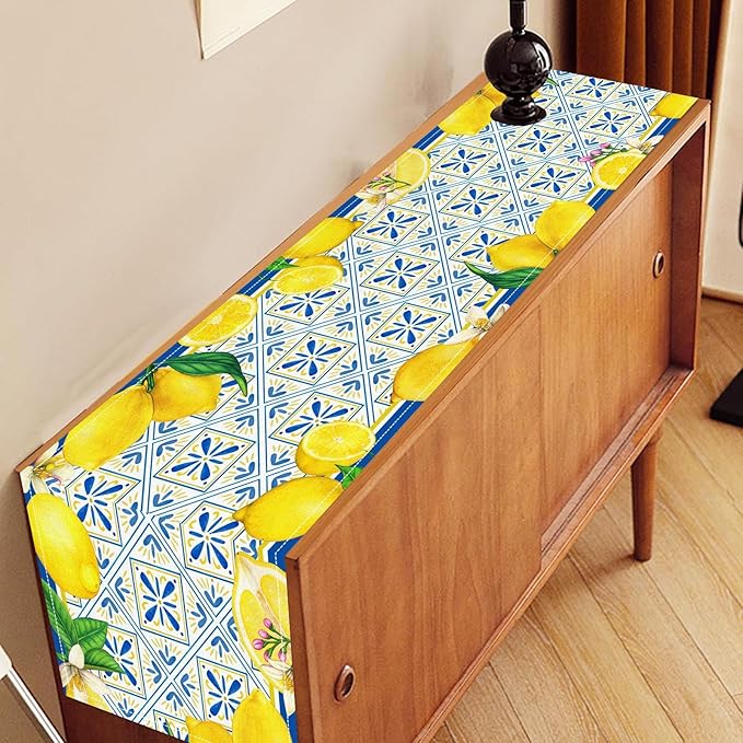 Lemon Table Runner, Blue Tile Yellow Vintage Moroccan Summer Seasonal Fresh Fruits Coffee Cafe Vintage Table Center Decor for Home Kitchen Dining Party Patio Indoor Outdoor, 13"x72" Inch