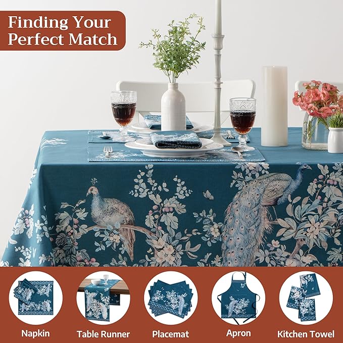 Maison d' Hermine Premium Table Cloth Rectangle Table 100% Combed Cotton 108 x 70 Inches Tablecloth Reusable Decorative for Dining Room, Farmhouse, Party, Festive & Wedding - Peacock Utopia - Deep Sea