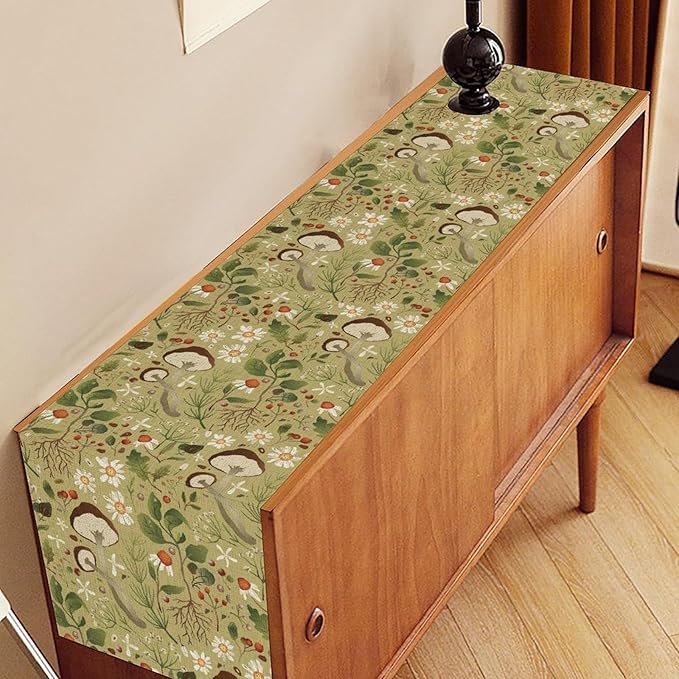 Mushroom Table Runner, Rustic Farmhouse Forest Plants Botanical Country Green Coffee Table Center Decor for Home Kitchen Dining Patio Holiday Party Indoor Table Decorations, 13"x108" Inch
