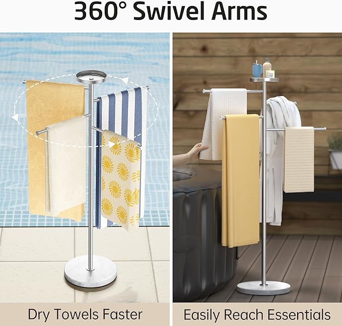 KES Hot Tub Towel Rack Outdoor with 1.5X Heavier Natural Marble Weighted Base, Pool Towel Rack with 360° Adjustable Arms & Storage Tray, 18/8 Stainless Steel, Brushed Steel, OTR203-2