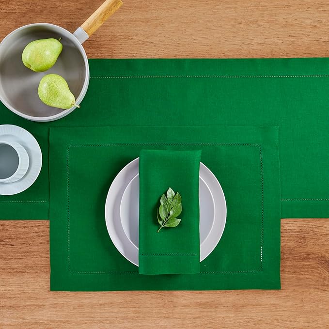 Solino Home Linen Garden Green Table Runner 108 Inches Long - 100% Pure Linen Hemstitch 14 x 108 Inch Table Runner for Dining, Winter, St Patricks Day, Easter - Classic Hemstitch