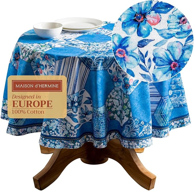 Maison d' Hermine Table Cloth Round Table 100% Cotton 69 Inches Tablecloth Reusable Decorative Everyday Use for Dining Room, Farmhouse, Home, Party, Festive & Wedding Spring Summer - Summer Blues