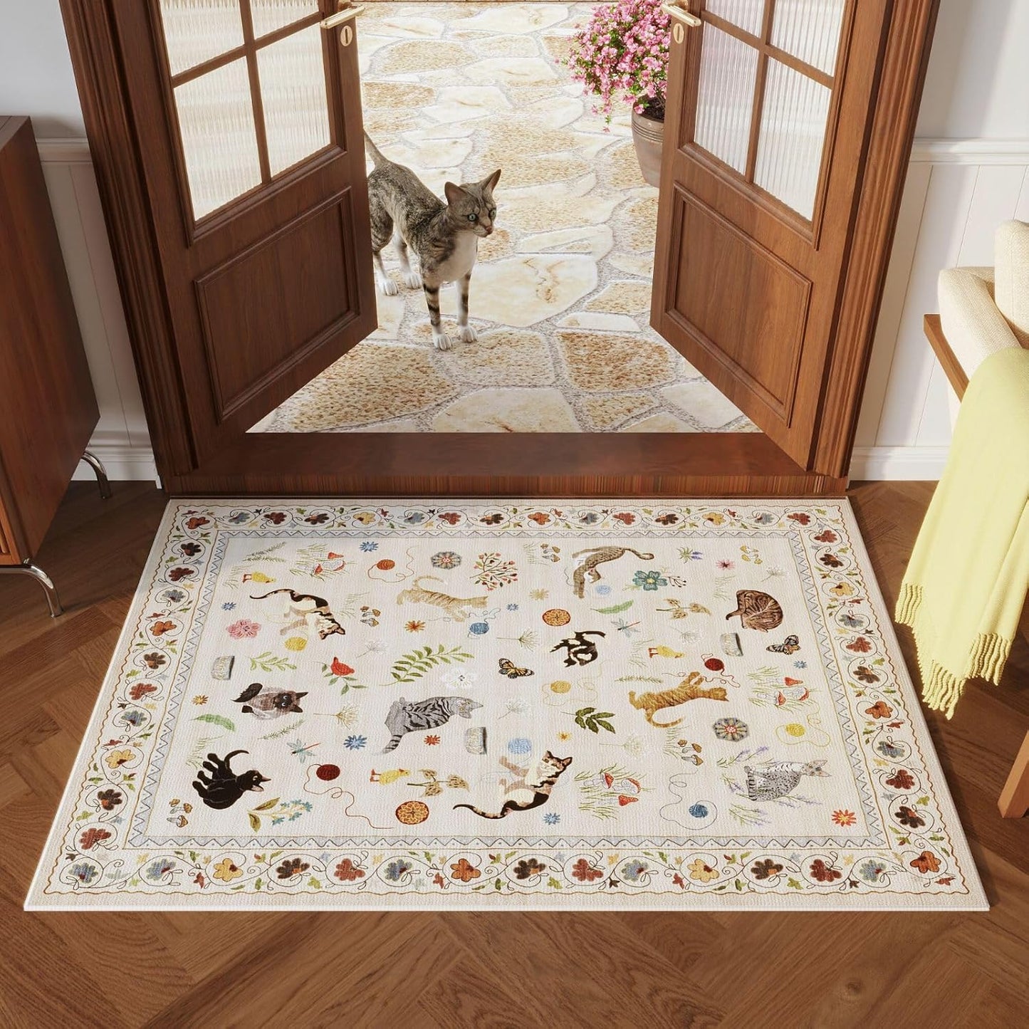 Rugcomf Door Mat Indoor Entrance 2x3 Rug Machine Washable Boho Floral Animal Cat Small Area Rug Non-Slip Low Pile Throw Rugs for Entryway Kitchen Front Door Indoor Entrance Entry Kids Room, Beige