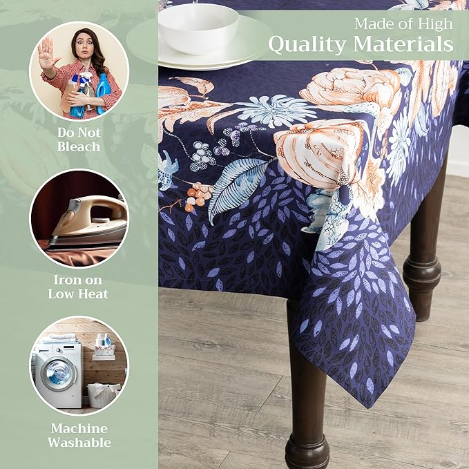 Maison d' Hermine Table Cloth Rectangle Table 100% Cotton 70 x 140 Inches Fall Tablecloth Reusable Everyday Use for Thanksgiving Christmas Decorations Dining Farmhouse Party (Pumpkin Blues)