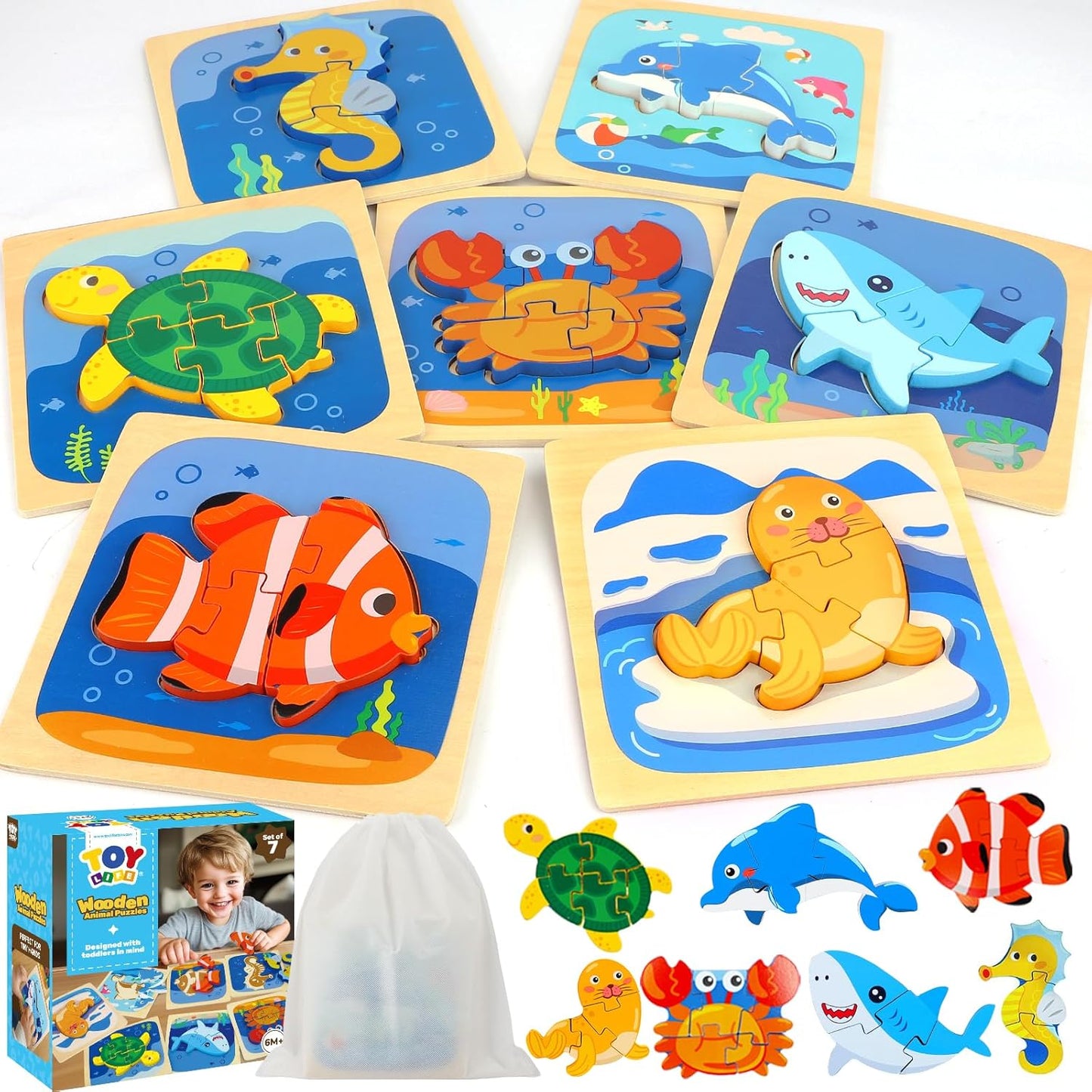 TOY Life Toddler Puzzles Ages 2-4, Wooden Puzzles for Toddlers 1-3, 7 Pcs Sea Animals Puzzle 2 Year Old, Montessori Toddler Boys Girls Toys 2-3, Educational Gift Learning Toys for 2 Year Old
