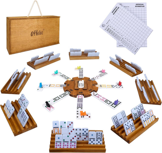 Mexican Train Dominoes Set with 8 Holders, Double 12 Dominos Set for Adults, Mexican Dominoes Train for Kids and Family Game, Mexican Train Games with 91 Colored Tile Dominos and Wooden Box