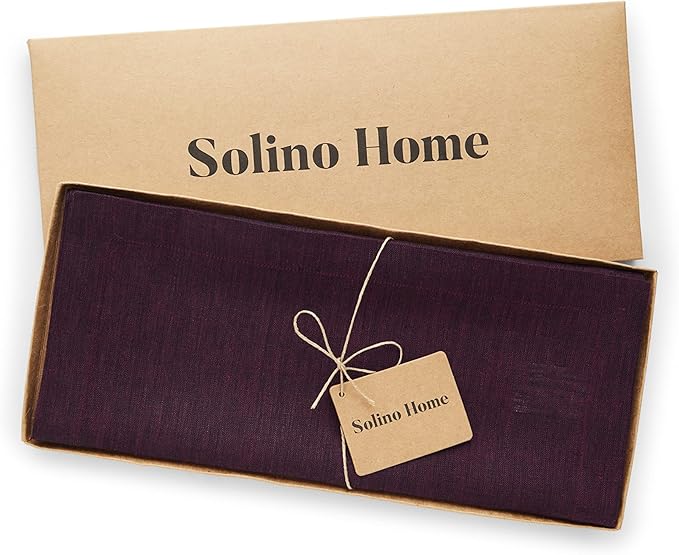 Solino Home Linen Chambray Burgundy Table Runner 144 Inches Long - Athena, 100% Pure Linen 14 x 144 Inch Table Runner for Valentines