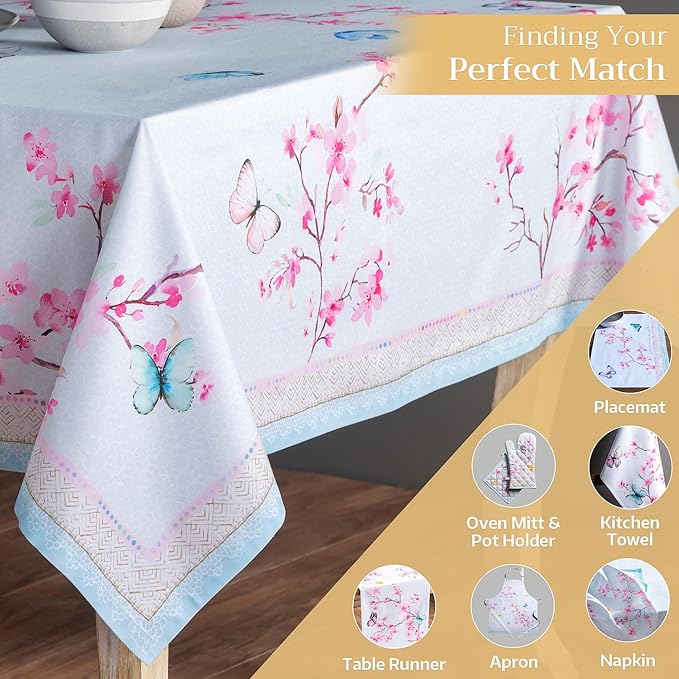 Maison d' Hermine Table Cloth Rectangle Table 100% Cotton 70 x 108 Inches Tablecloth Reusable Decorative for Dining Room, Farmhouse, Home, Party, Festive & Wedding Spring Summer - Blossoms in Spring