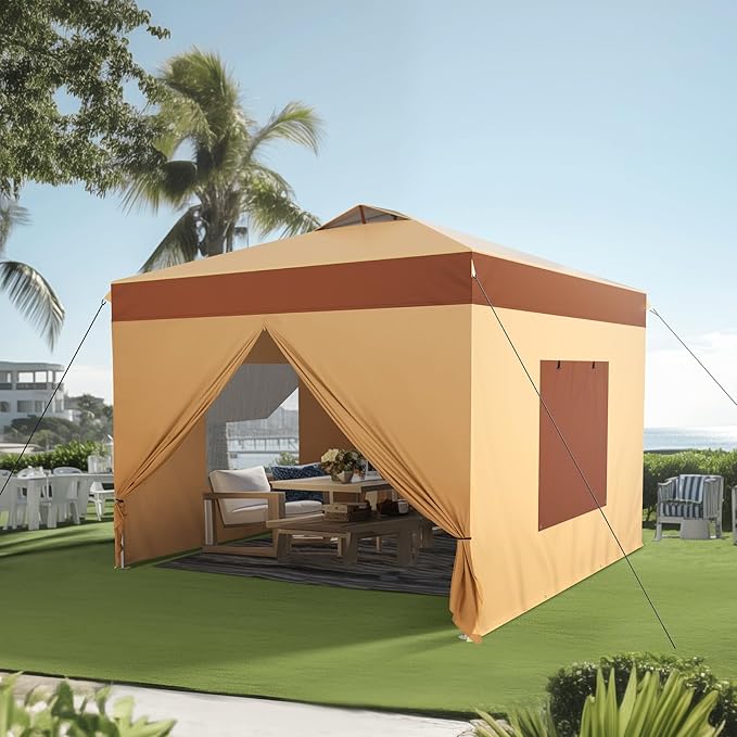 PHI VILLA 10x10 Pop Up Canopy Tent with Sidewalls - Easy Up Tent with Mesh Windows for Ventilation, Waterproof Design - Ideal for Parties, Beach, and Outdoor Events (Beige)