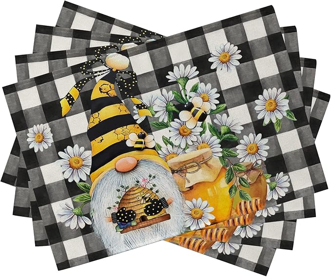 Seliem Spring Bee Gnome Daisy Placemats Set of 4, Honey Black White Buffalo Check Plaid Dining Table Place Mats, Summer Seasonal Farmhouse Kitchen Decor Home Decoration 12 x 18 Inch