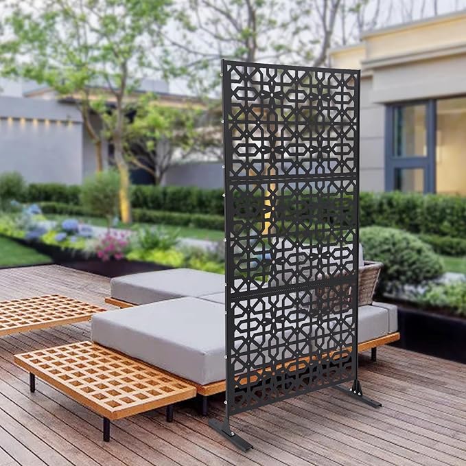 75" H×35" W Decorative Outdoor Privacy Screen with Stand, Outdoor Decor Privacy Fence Screen Metal Fence Panels, Free Standing Metal Divider for Patio Lawn Deck (Black-Knot)