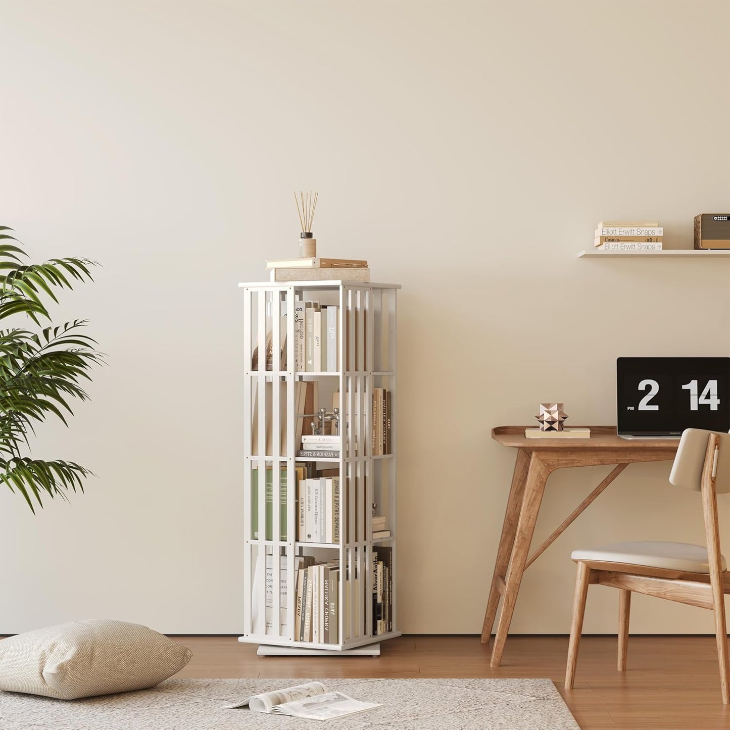 YOWOS Rotating Bookshelf Tower, 360 Display Spinning Bookcase, Bamboo Bookshelf Floor Standing Storage Rack, Wood Narrow Book Shelf Organizer for Kids&Adults (White, 4 Tier)