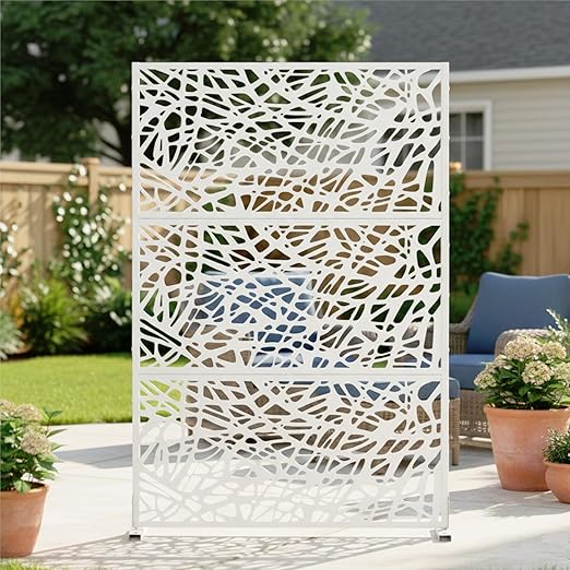 Casaphoria Metal Privacy Screen Outdoor, 72" H x 47" W Freestanding Decorative Privacy Screen for Patio Deck Balcony Garden with Stable Base, White-Net