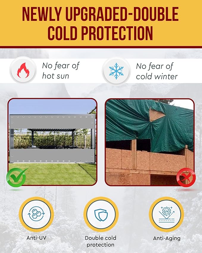 FoundGo 10'Hx07'W Vinyl Curtains for Patio 19oz, Outdoor Clear Vinyl Patio Enclosure,Heavy Duty Clear Tarp Waterproof Vinyl Tarps with Grommets for Pergola, Balcony,Porch,Gazebos，-4℉ Cold Resistant
