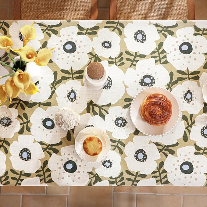 Designer Vintage Rectangular Tablecloth,Linen French Tablecloth with White Floral Pattern,Decorative Table Cover for Kitchen,Dining,Thanksgiving,Tea Party,55" × 87"-Hidaka