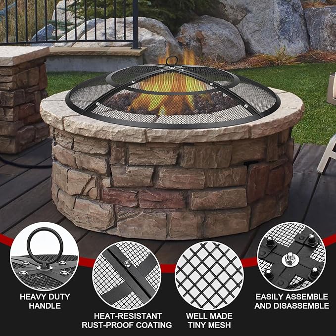Fire Pit Spark Screen,40 Inch Fire Pit Screen Outdoor with Handle&Poker,Heavy-Duty Steel Fire Pit Cover Mesh Round Replacement Firepit Screens for Backyard/Beach/RV Camping