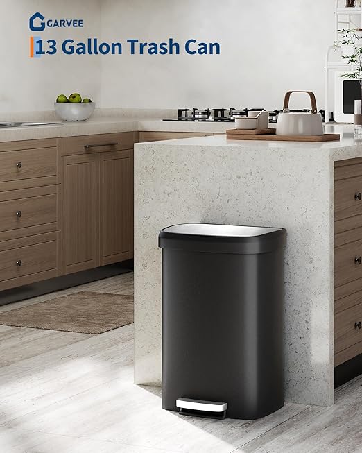 Garvee 13 gal / 50 L Plastic Trash Can with Lid, Large Garbage Can for Kitchen, Rustproof Step-on Kitchen Trash Bin with Liner Rim, Rear Handle, Soft Close Lid, Black