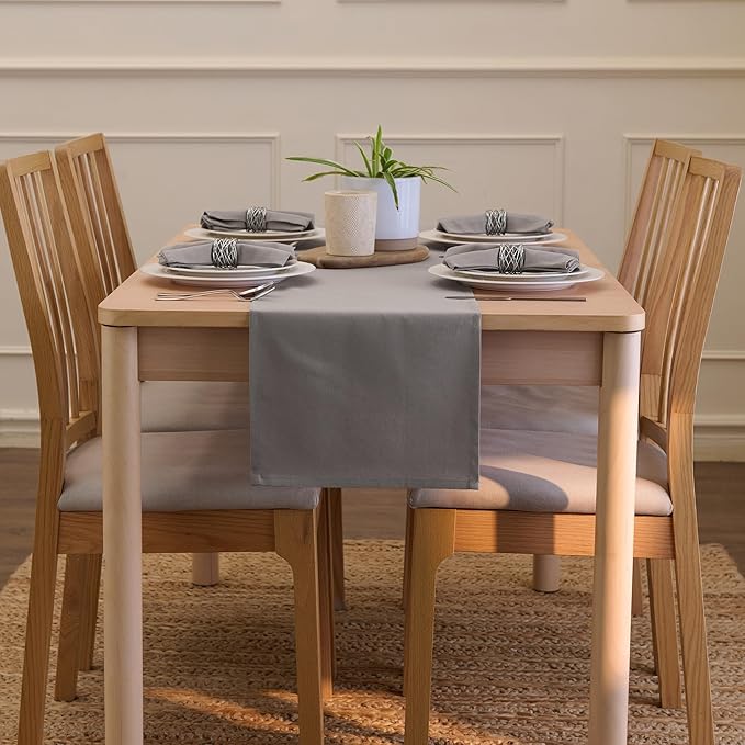 Encasa XO Table Runner 13"x59" Long | Cotton Canvas Fabric | Grey Solid Color | Machine Washable & Durable