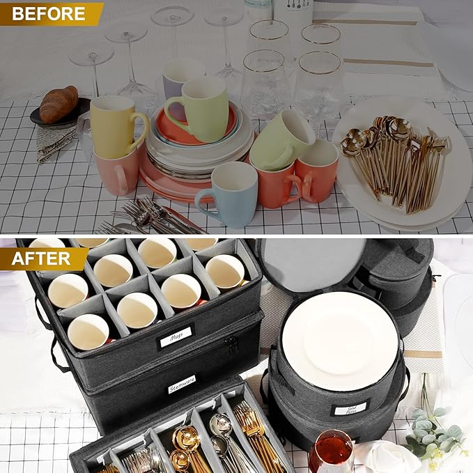 HOMELUX THEORY Platter Storage with Lid, Hard Shell China Storage Containers, Heavy Duty Dinnerware Storage Box with 5 Felt Pads and Thick Surface for Dishes and Dinner Plate, Move Out Essentials