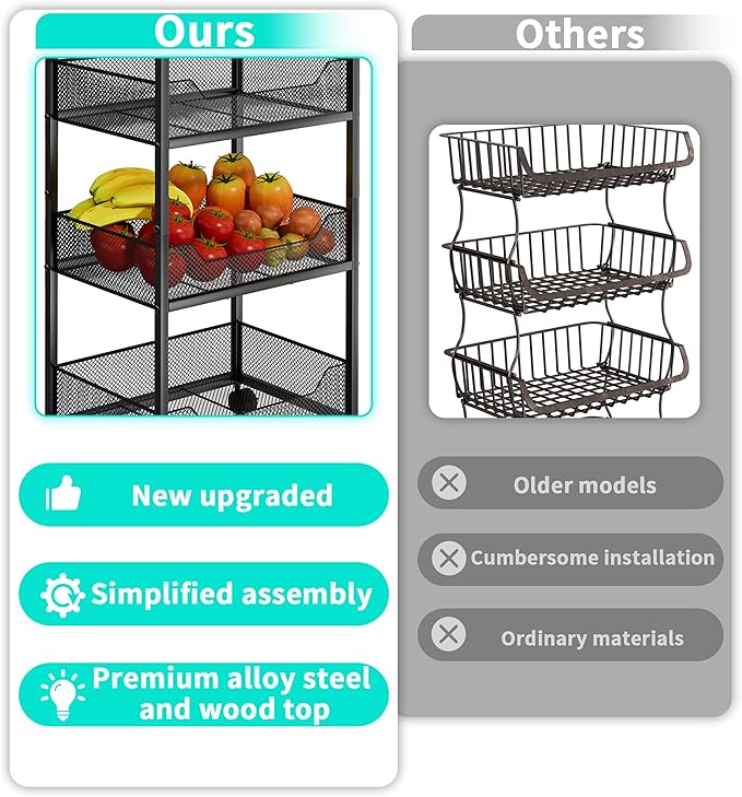 HapiRm Fruit Basket Kitchen Cart - 4-Tier Rolling Storage Cart with Wheels, Fruit Vegetable Basket with Wood Top, Pantry Utility Kitchen Organizer for Fruit Potato Onion Vegetable Bread Snack