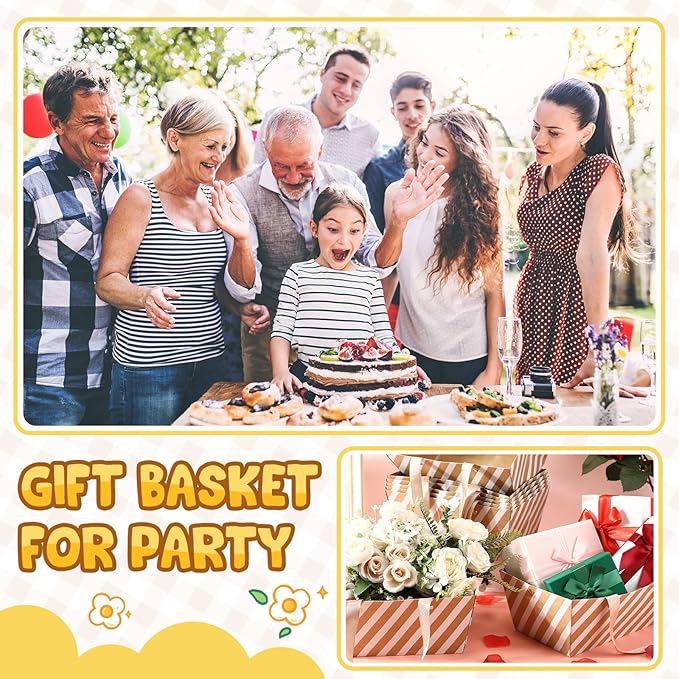 Pinkunn 48 Pcs Basket for Gifts Empty DIY Bulk Party Gift Basket Kit with Handles Market Trays for Packages Wrapping Wedding Party Anniversary Display(Brown, Beige,Stripes)