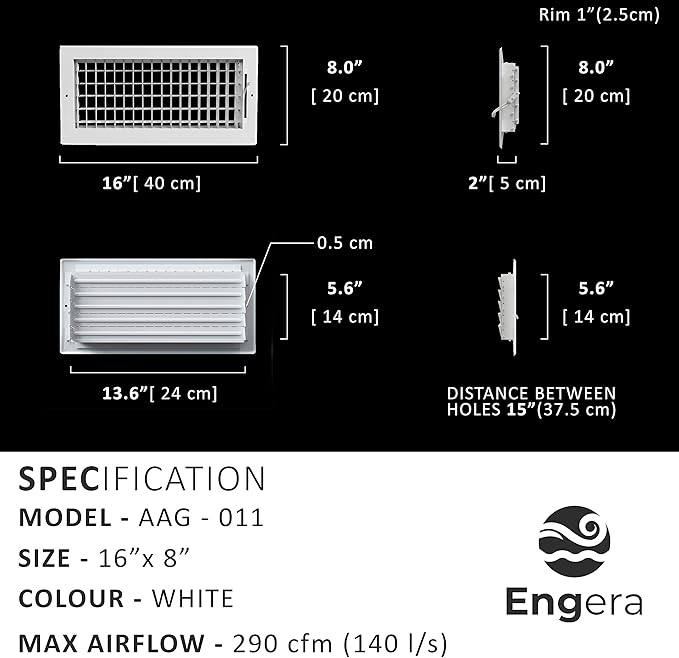 Engera Adjustable Double Deflection HVAC Air Register-Supply Air Diffuser Air Vent Register-Heating/AC Vent Cover-Wall Register 14x6"Duct [16x8"Face]