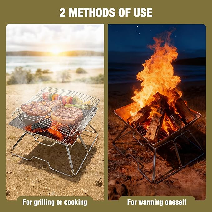 Lineslife Foldable Fire Pit with Grill for Camping Collapsible Portable Fire Pit with Campfire Grill & Tote Bag for Backyard, Patio, Picnic, BBQ
