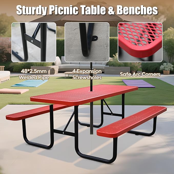 4FT Rectangular Metal Picnic Table for Outdoors, Commercial Steel Metal Picnic Tables, Heavy Duty Sturdy Picnic Tables Furniture Set for Patio Garden Courtyard BBQ, with Umbrella Hole, Red