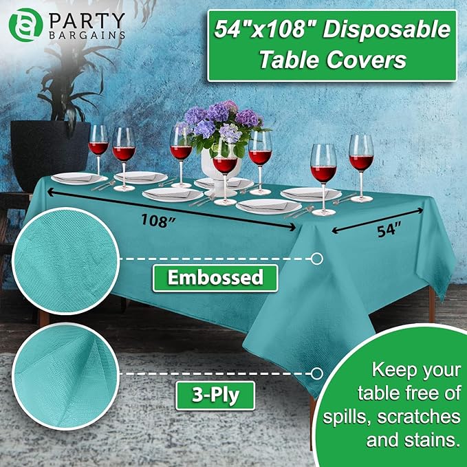 PARTY BARGAINS 54" X 108" Paper & Plastic Table Covers, Turquoise, 10 Pack