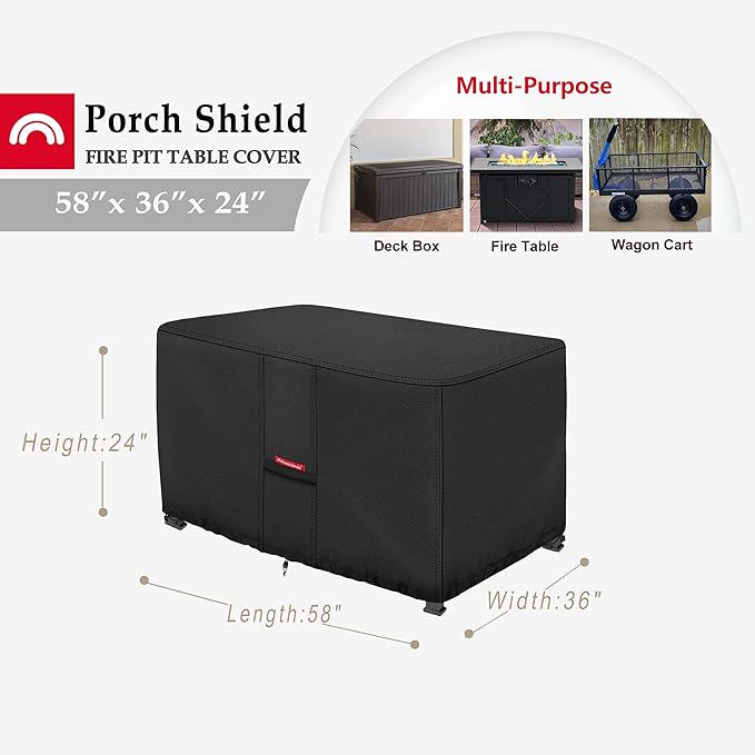 Porch Shield Patio Fire Pit Cover - Waterproof 600D Outdoor Rectangular Fire Table Cover Deck Box Protector - 58 x 36 inch, Black