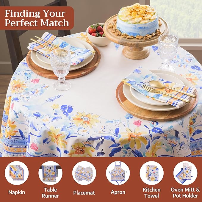 Maison d'Hermine Table Cloth Round Table 100% Cotton Tablecloth for Dining Room, Farmhouse, Home, Hotel, Parties & Wedding - Ideal for Easter Decorations Spring & Summer (Girassol, 63" Round)