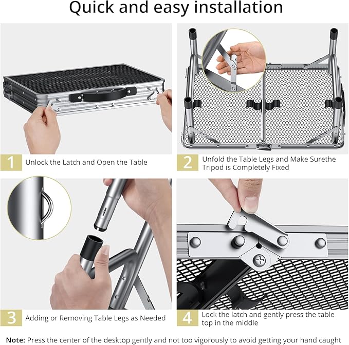 Anbte 2ft Folding Grill Table, Adjustable Height Max 27.5" Aluminum Camping Table, Heat-Resistant Tabletop, Lightweight, Portable Handle for Travel Cooking BBQ Picnic, 22.8" x 16", Silver