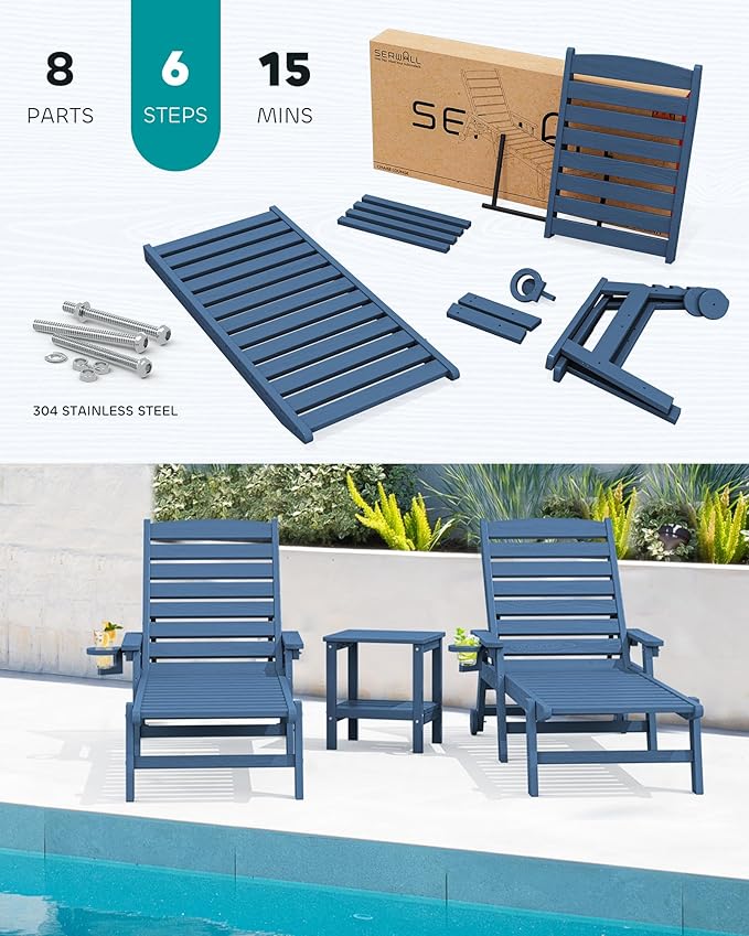 SERWALL Patio Chaise Lounge Chair Set of 6, 5 Positions Adjustable Poly Outdoor Lounger for Pool, HDPE Lounge Chair with Rolling Wheels & Cup Holder for Poolside, Deck, Blue