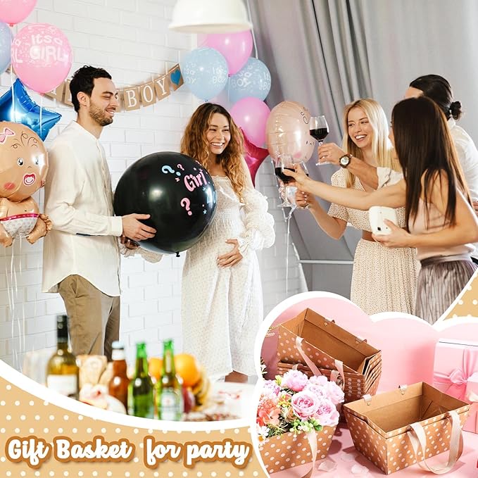 Pinkunn 48 Pcs Basket for Gifts Empty DIY Bulk Party Gift Basket Kit with Handles Market Trays for Packages Wrapping Wedding Party Anniversary Display(Brown, White,Polka Dots)