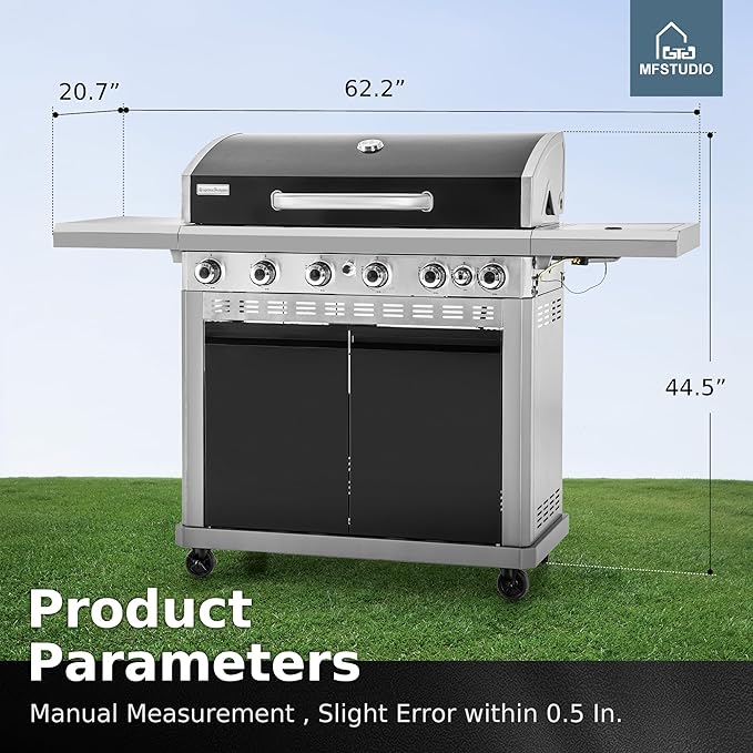 MFSTUDIO 7 Burner BBQ Gas Propane Grill with Searing Side Burner, Porcelain-Enameled Cast Iron Grates and Dual-Side Griddle Combo for Outdoor Barbecue Cooking
