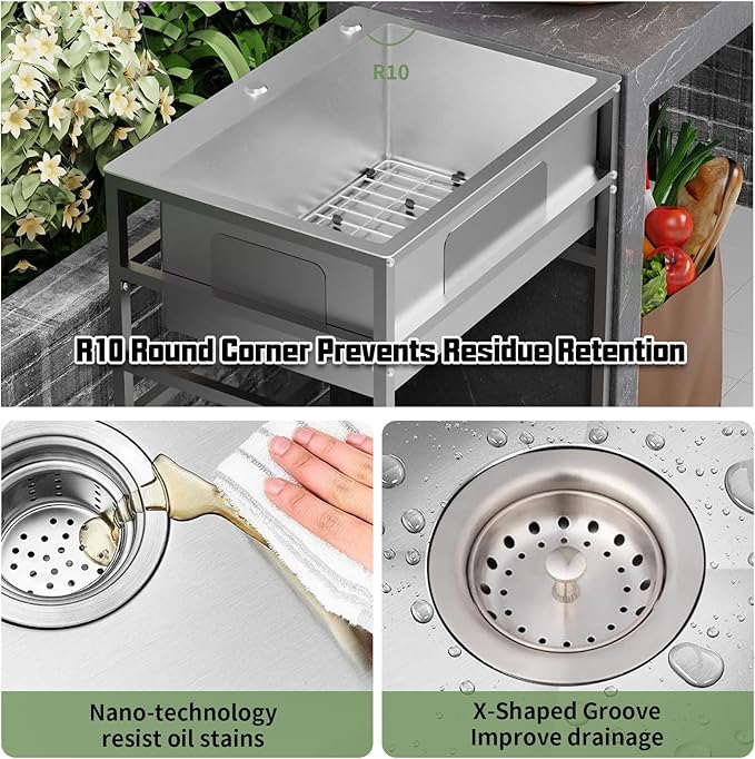 Utility Sink, 25x18 Inch Stainless Steel Freestanding Laundry Sink Practicality With Accessories-Kitchen Faucet,Soap Dispenser, SS Sink Grid, Colander For Laundry,Garage,Outdoor Kitchen,Garden...