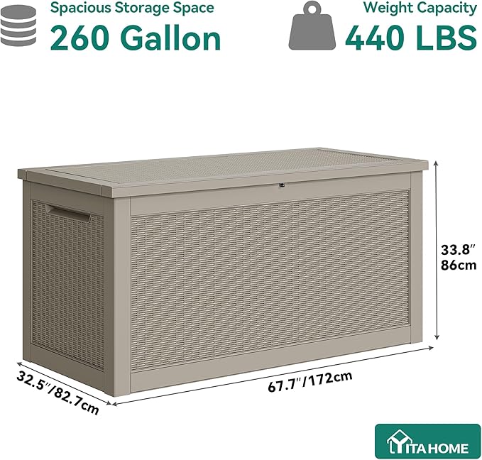 YITAHOME 260 Gallon XXL Large Deck Box, Outdoor Resin Storage Box, Lockable Storage Container for Patio Cushions, Furniture, Garden Tools, Water Resistant (Brown)