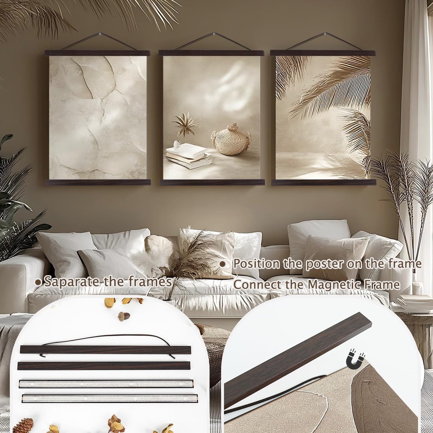 Artmag Magnetic Poster Hanger Frame, 25x20 25x35 25x40 Light Wood Wooden Magnet Canvas Artwork Print Poster Hangers Frames Hanging Kit (Walnut, 25")